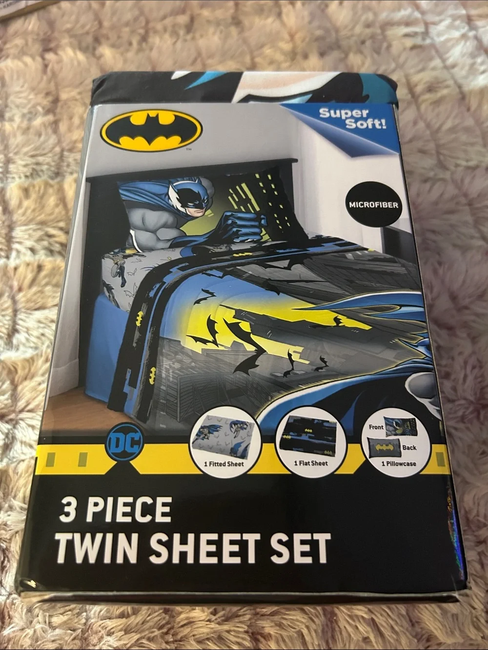Batman 3 piece Twin Sheet Set - Black, Yellow, Blue, Gray